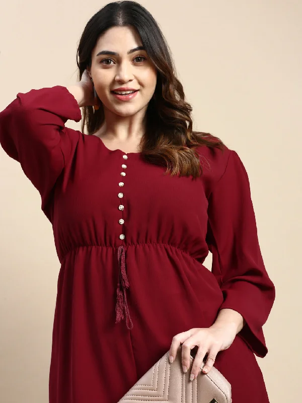 Women Puff Burgundy Solid Fit and Flare Dress-AE-15781-Burgundy