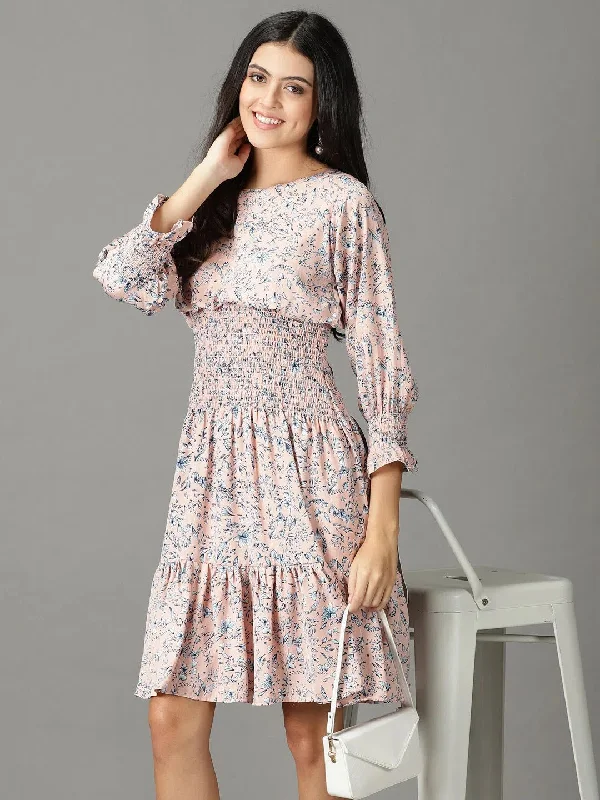 Women's Peach Printed Fit and Flare Dress-AE-15878-Peach