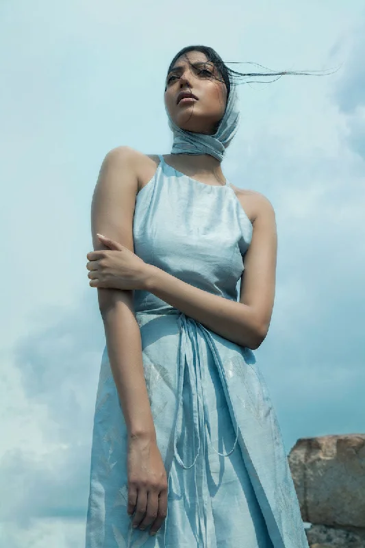 Ice Blue Banarasi Silk Cotton & Monga Silk Tie-Up Dress