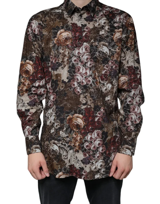 Multicolor Floral Cotton Men Dress Gold Shirt