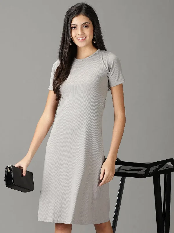 Women's Grey Solid A-Line Dress-AE-15905-Grey