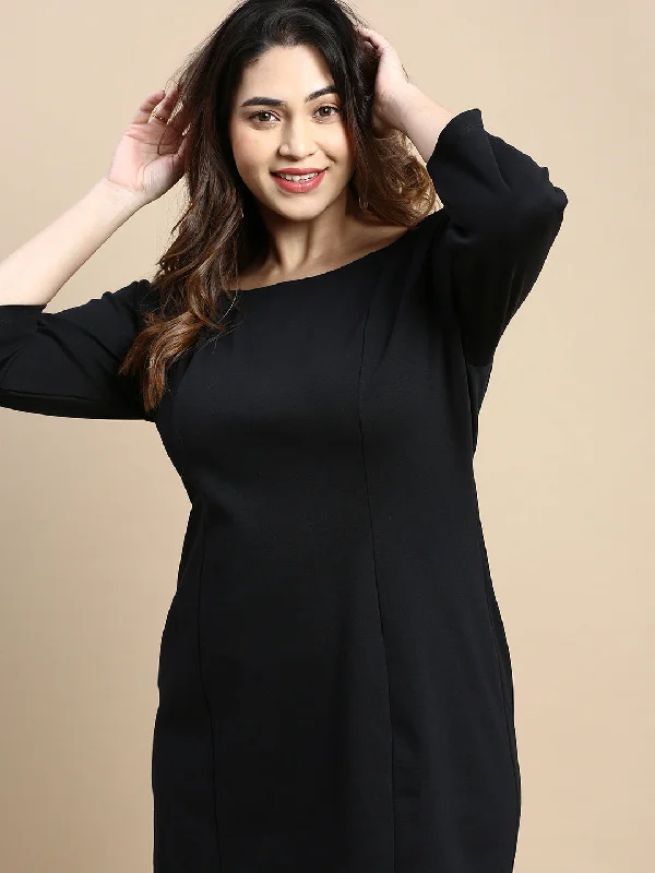 Women Black Solid A-Line Dress-DQ-16-969-2W-Black