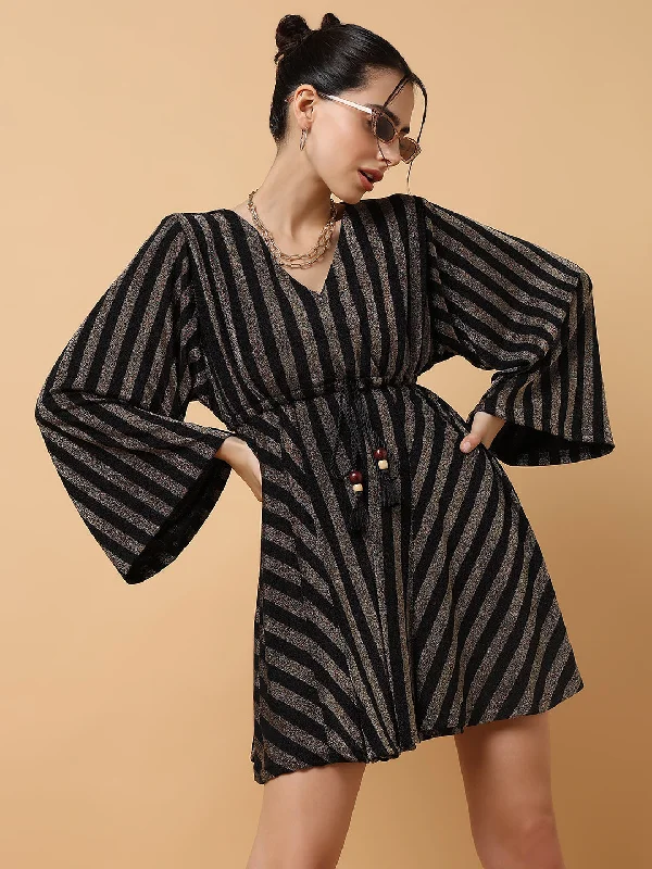 Women V-Neck Striped Empire Bronze Dress-SPN-8520-Bronze