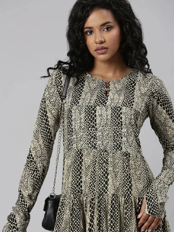 Women Beige Abstract Empire Dress-ON-742-Beige