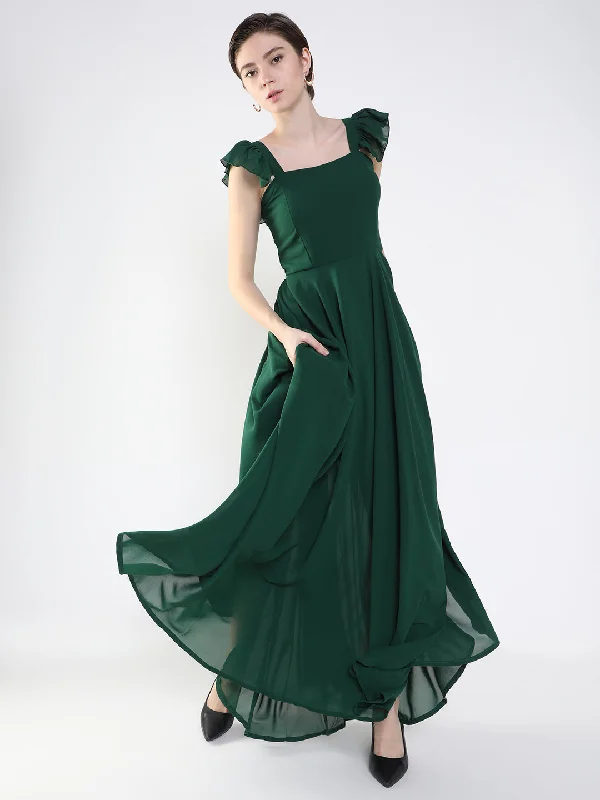 Women Solid Green Maxi Fit and Flare Dress-TE-7-Green