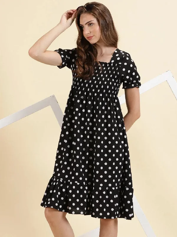 Women's Black Printed Fit and Flare Dress-ARN-6618-Black