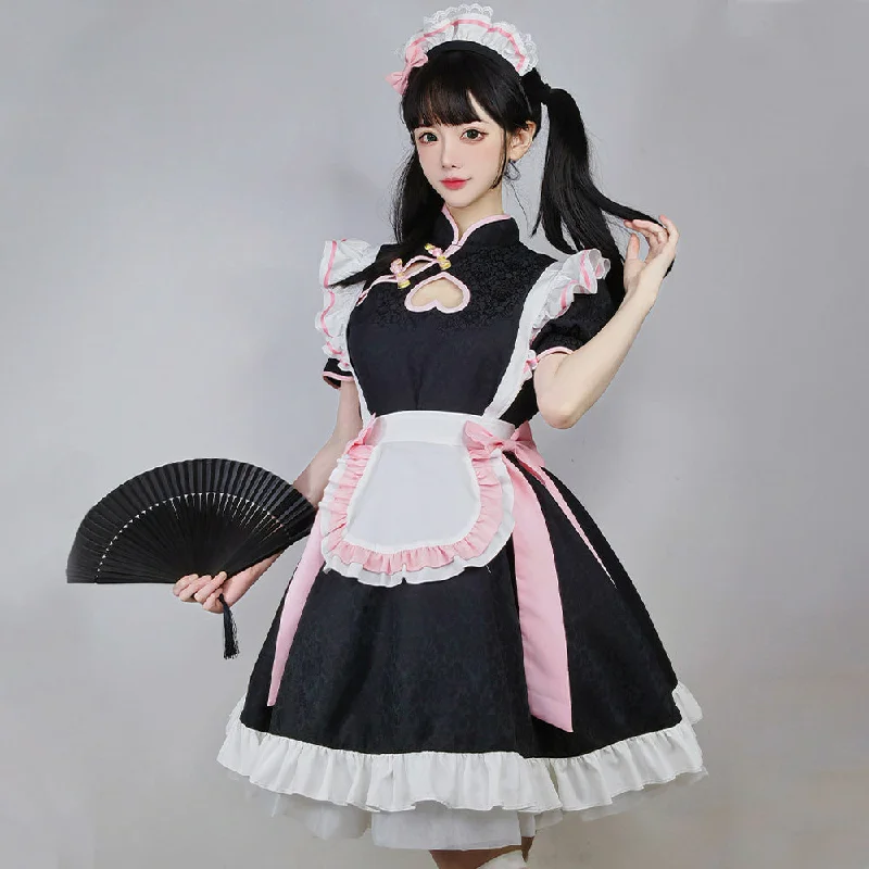 Anime French Maid Outfit Lolita Cosplay Dress Chinese Traditional Cheongsam Style Lolita Dress