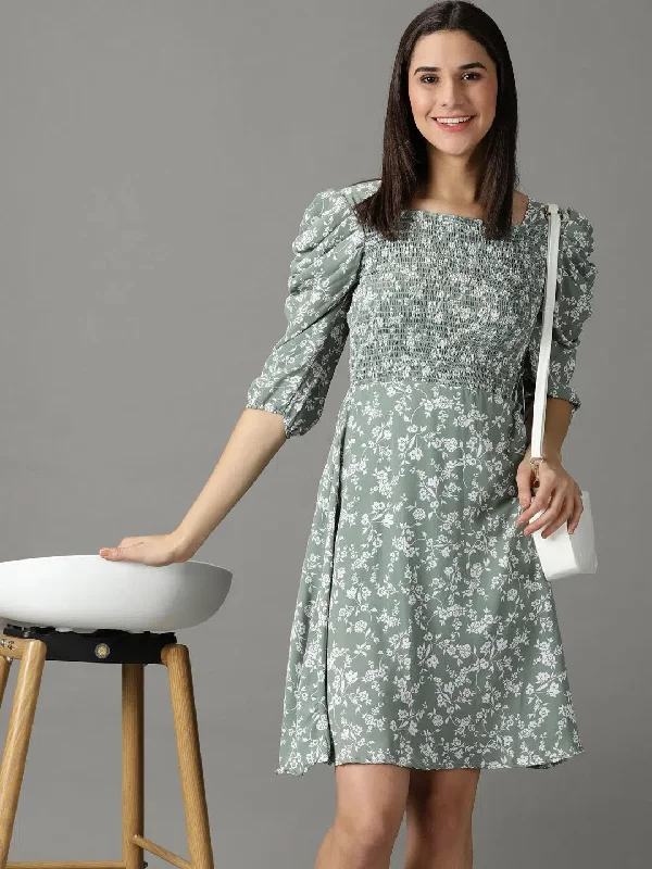 Women's Sea Green Printed Fit and Flare Dress-AE-15884-Seagreen