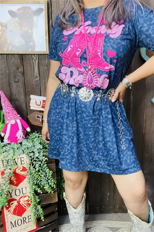 XCH14366 Fuchsia boot graphic blue leopard printed short sleeve w/side pockets women dress