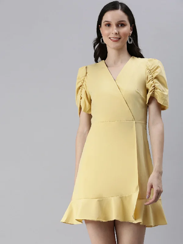 Women V-Neck Solid A-Line Yellow Dress-SH-7145-Yellow