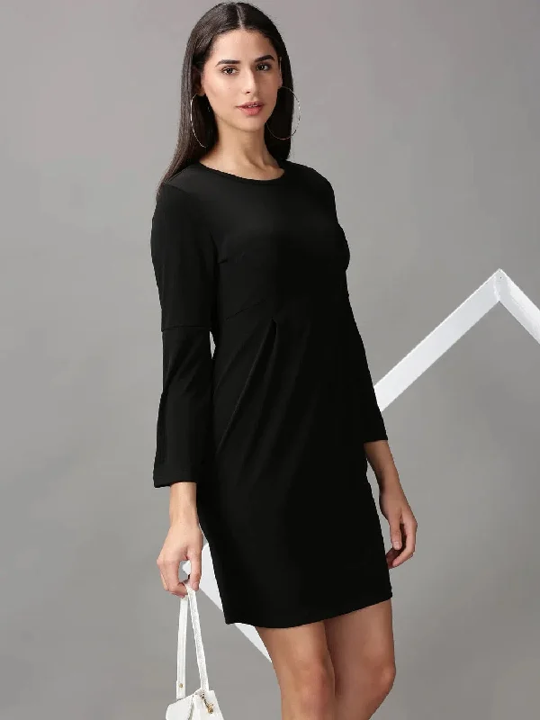 Women's Black Solid Empire Dress-DQ-17-384-Black