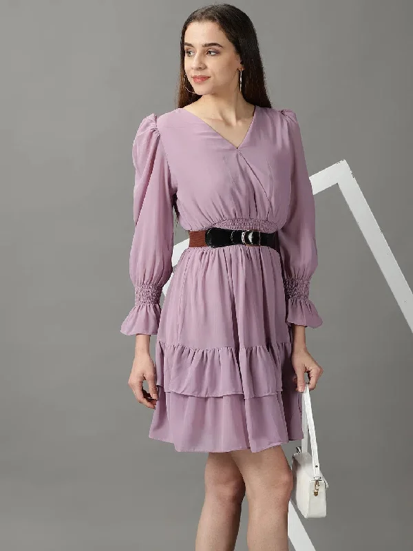Women's Lavender Solid Fit and Flare Dress-HQ-059-Lavender