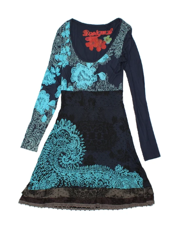 DESIGUAL Womens Long Sleeve A-Line Dress UK 14 Large Navy Blue Floral