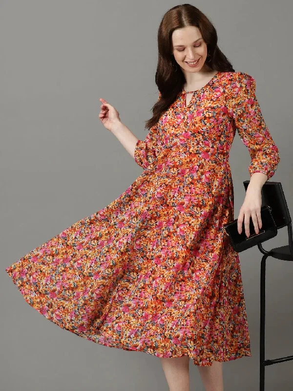 Women's Multi Printed Fit and Flare Dress-ON-382-Multi