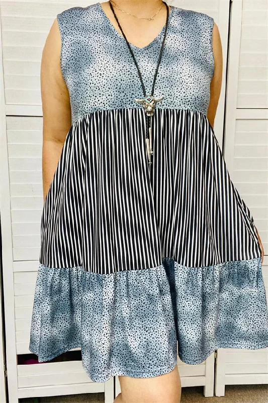GJQ14048 Tie dye black dot black/white striped baby doll sleeveless women dress