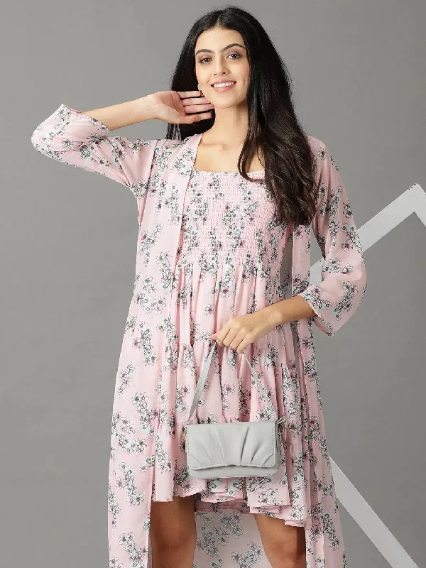 Women's Pink Printed Fit and Flare Dress-AE-15891-Pink