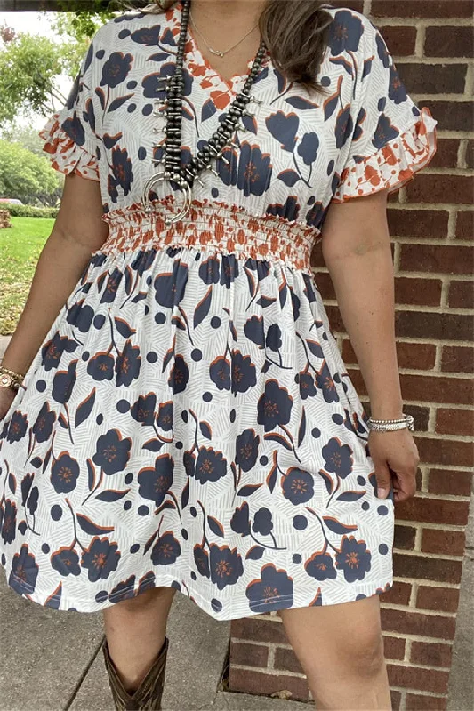 GJQ15677 Orange ruffle&elastic band w/black multi color printed short sleeve women dresses w/side pockets