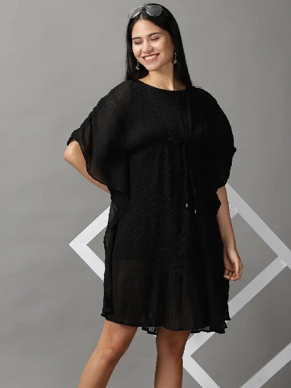 Women's Black Solid Kaftan Dress-AE-15697-Black