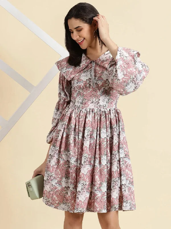 Women's Mauve Printed Fit and Flare Dress-HQ-072-Mauve