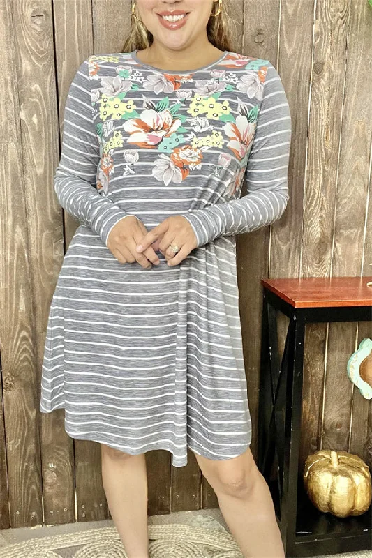 XCH11733 Gray/white striped & floral printed long sleeve w/side pockets women dress