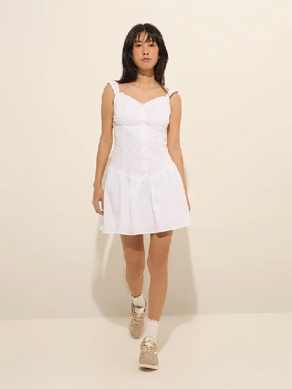 Nuon White Corset-Style Cotton A-Line Dress