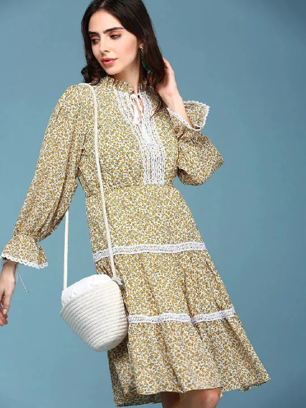 Women's Yellow Printed Fit and Flare Dress-AE-15799-Yellow