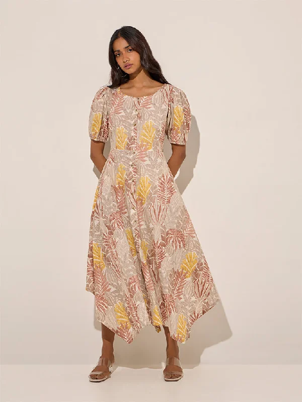 Utsa Beige Leaf Printed Asymmetrical Cotton Dress