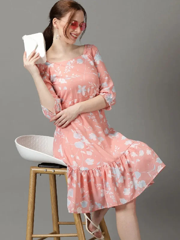Women's Peach Printed Fit and Flare Dress-AE-15846-Peach