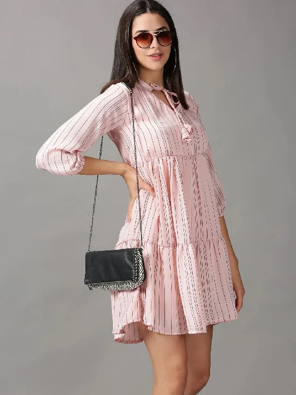 Women's Peach Striped Fit and Flare Dress-AE-15712-Peach