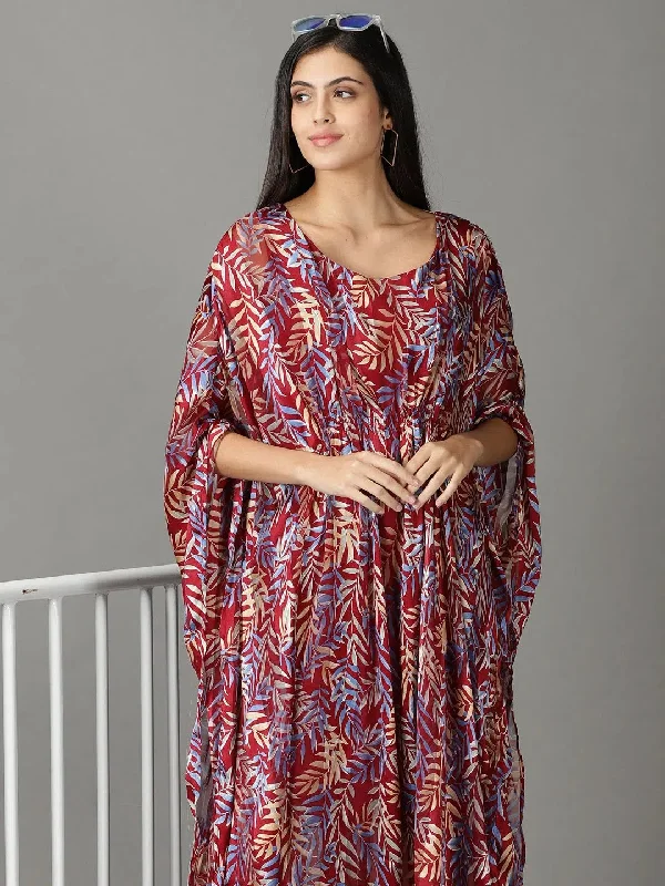 Women's Maroon Printed Kaftan Dress-AE-15856-Maroon