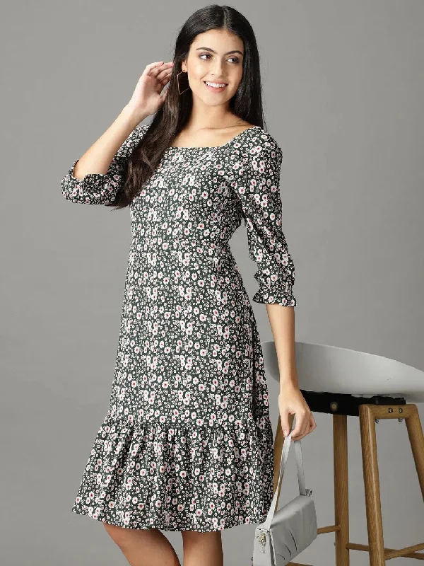 Women's Olive Printed Fit and Flare Dress-AE-15848-Olive