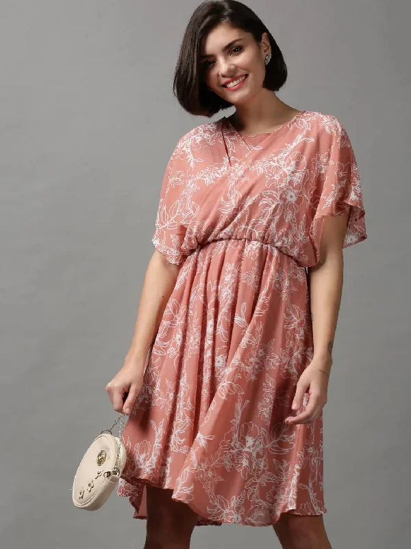 Women's Pink Printed Fit and Flare Dress-AE-15615-Peach