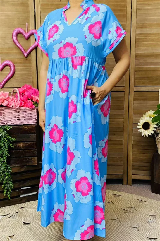 XCH15912 Fuchsia multi color floral printed short sleeve long women blue dress w/side pockets