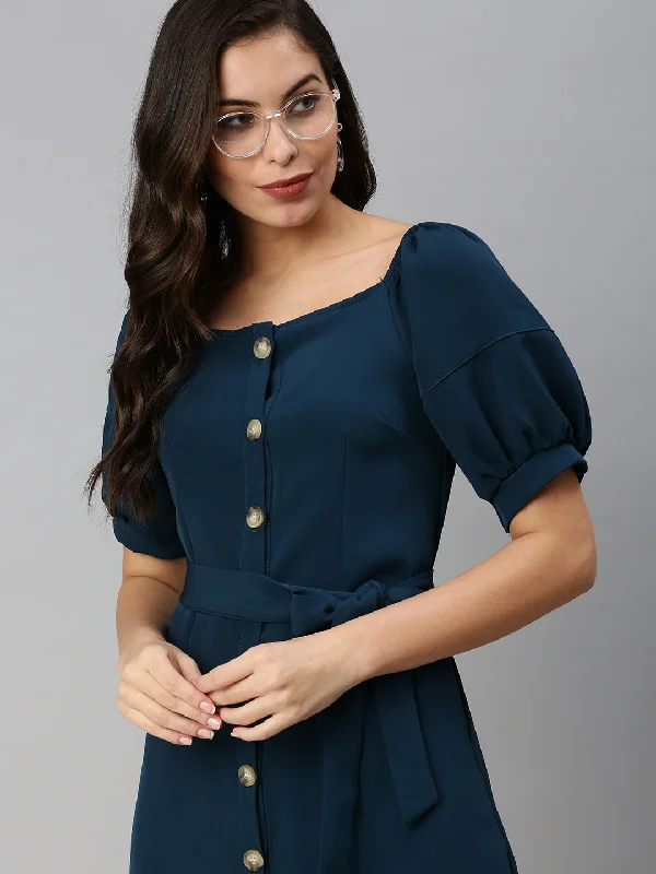 Women Off-Shoulder Solid A-Line Teal Dress-SH-3626-Teal