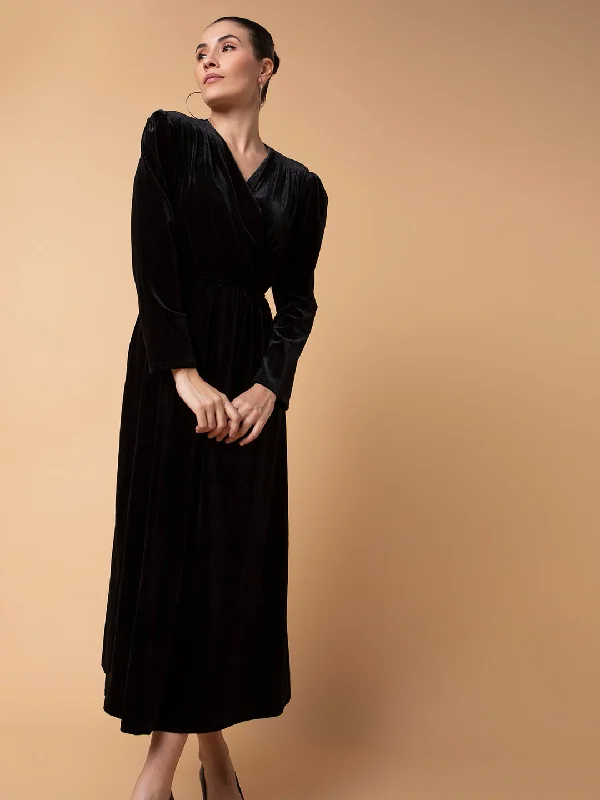 Women Solid Black Midi Fit and Flare Dress-7111-Black