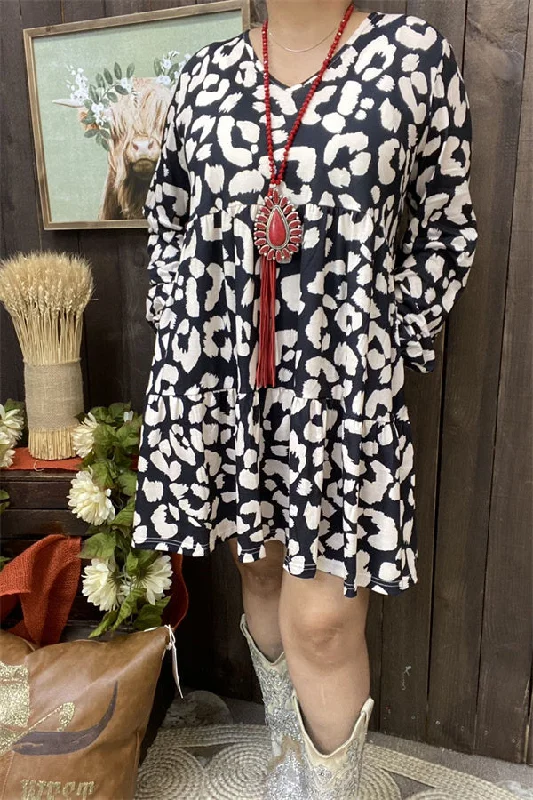 GJQ15311 Black/white leopard printed lantern long sleeve tighten cuff w/side pockets women dresses