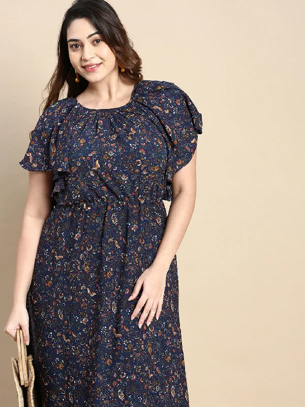 Women Navy Blue Bohemian Fit and Flare Dress-AE-15751-Navyblue