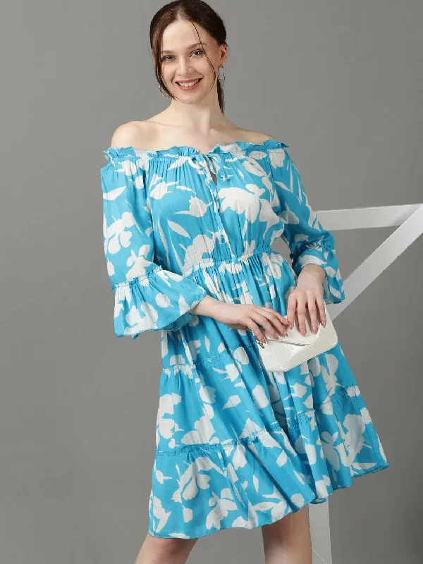 Women's Blue Printed Fit and Flare Dress-ON-603-Blue
