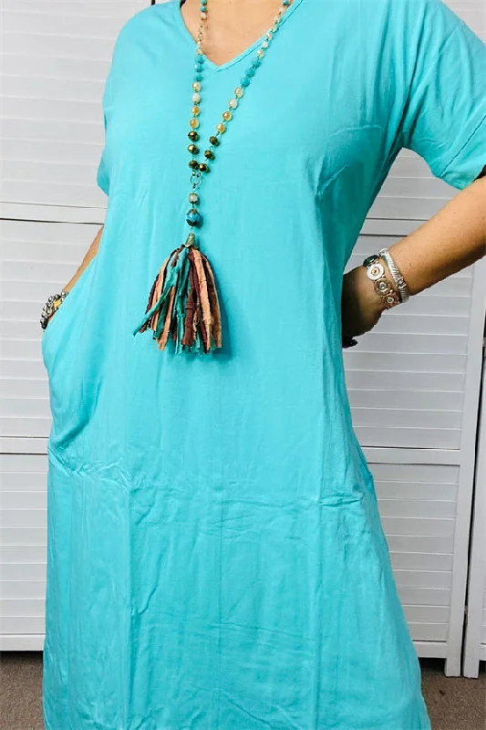 GJQ14588-2 Turquoise color printed short sleeve long women dress w/pockets for spring&summer