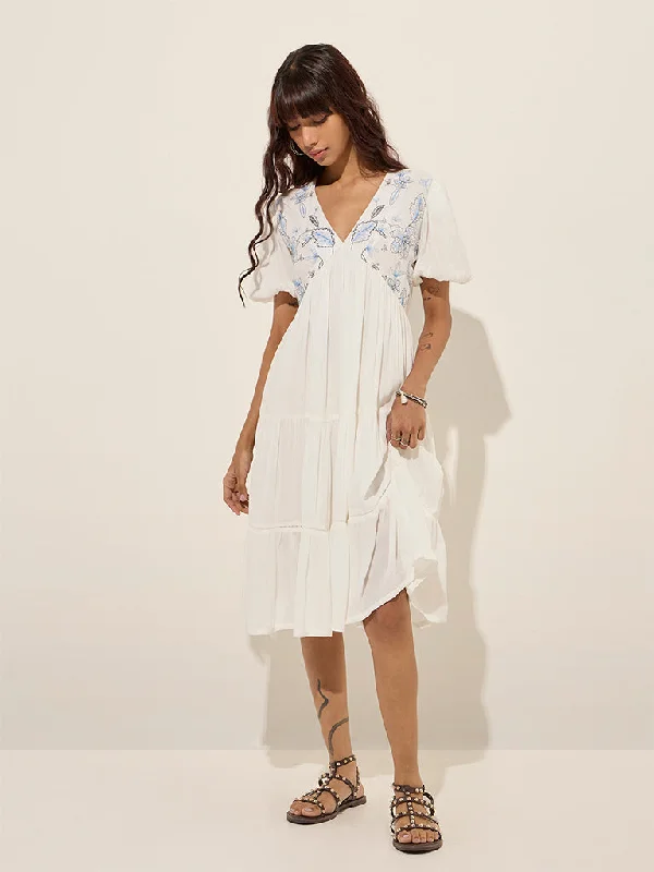 Bombay Paisley Ivory Floral Embroidered Tiered Dress