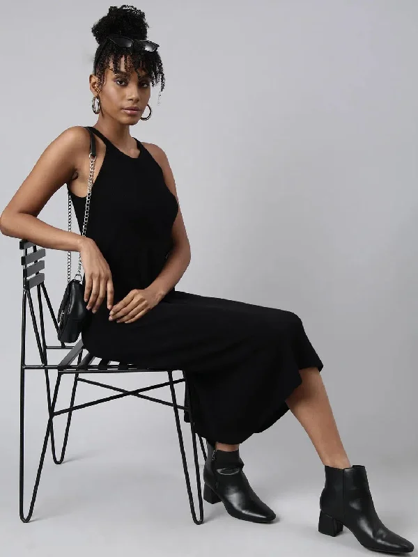 Women Black Solid A-Line Dress-CHN-001A-Black