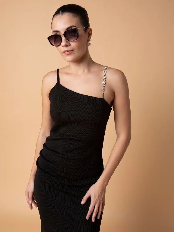 Women Solid Black Midi Sheath Dress-22798-Black