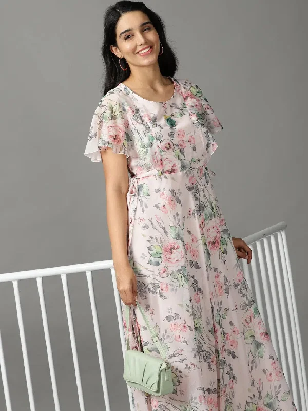 Women's Pink Printed Empire Dress-DW-3128-Pink