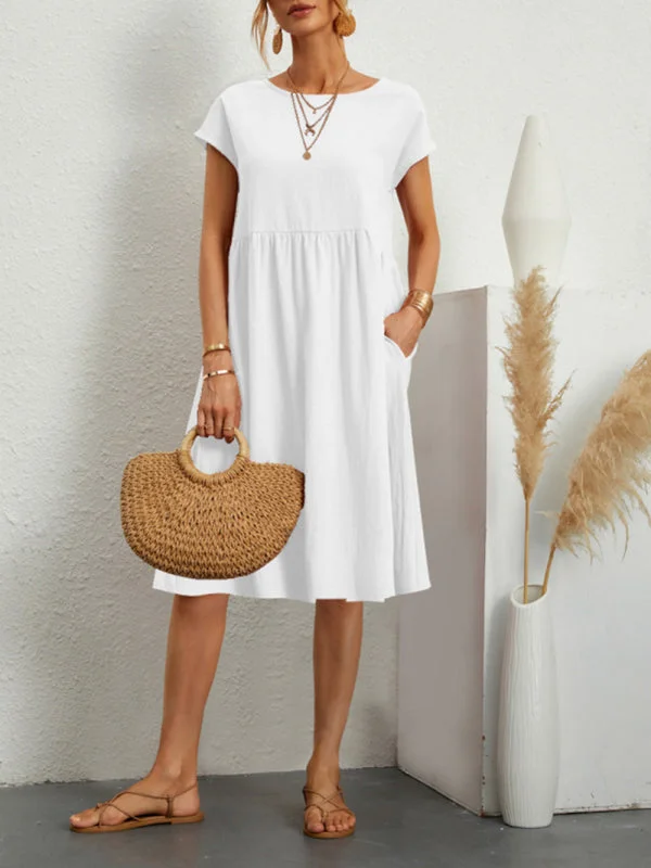 Women's Solid Color Cotton Linen Round Neck A-Line Dress