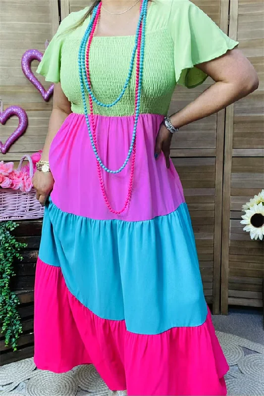 BQ14640-1 Green/pink/blue/fuchsia women long dress w/elastic upper short sleeve/ruffle w/side pockets