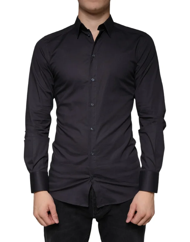 Black Cotton Stretch Dress Gold Formal Shirt