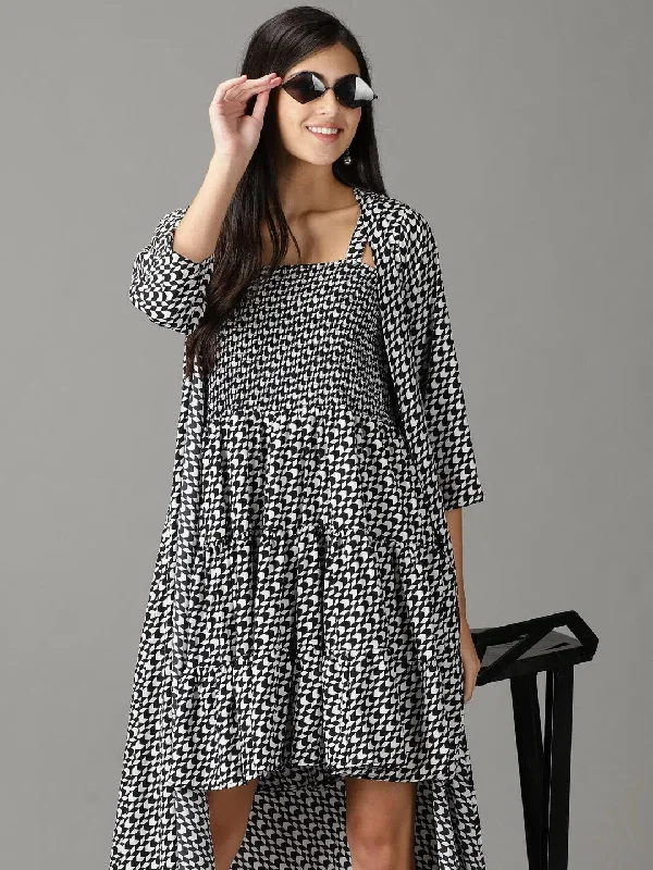 Women's Black Printed Fit and Flare Dress-AE-15893-Black