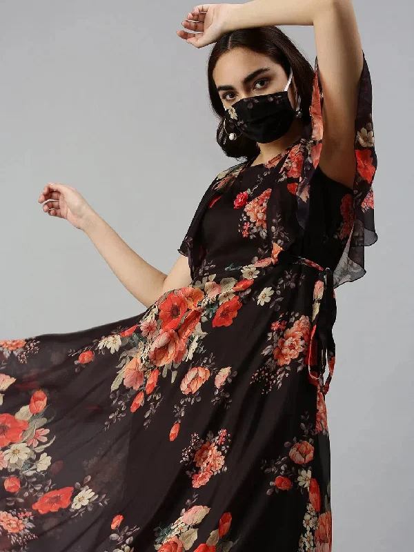 Women's Black Printed Fit and Flare Dress-DW-9621-Blackorange