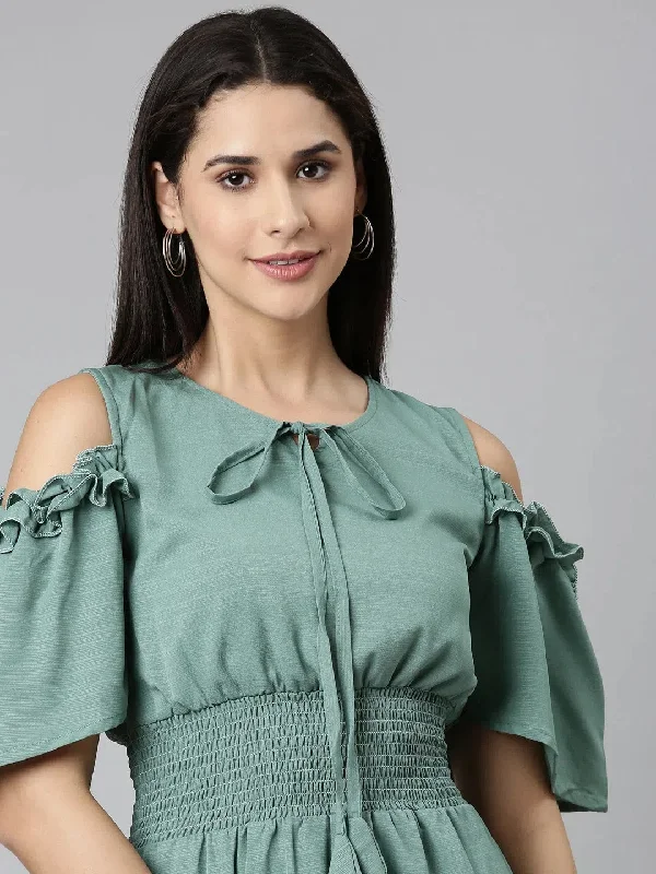 Women Sea Green Solid Fit and Flare Dress-HQ-95-Seagreen