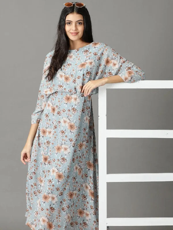 Women's Blue Printed A-Line Dress-AE-15875-Blue